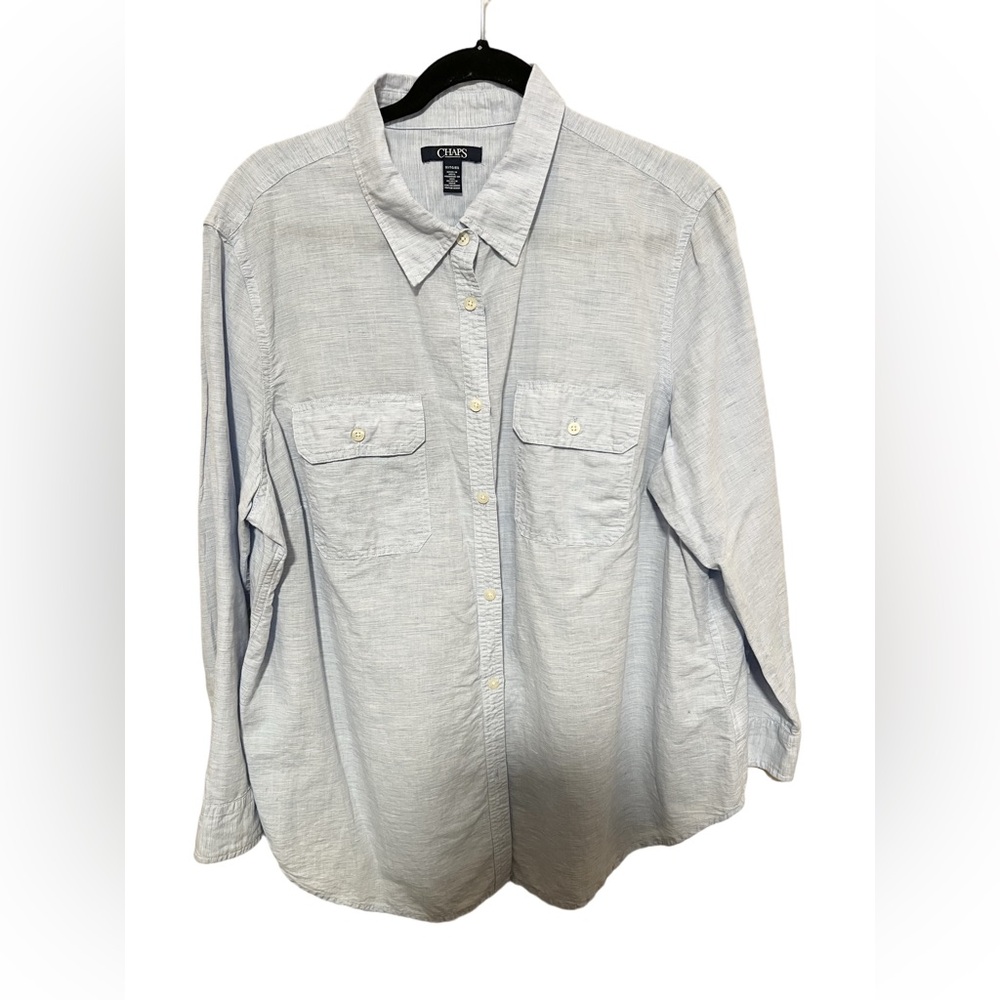 Chaps 1X  Linen Cotton Button Up Blue Preppy Coastal Resort Capsule Pockets